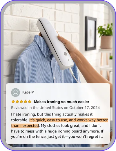 Ad design: handheld garment steamer with a 5-star customer review