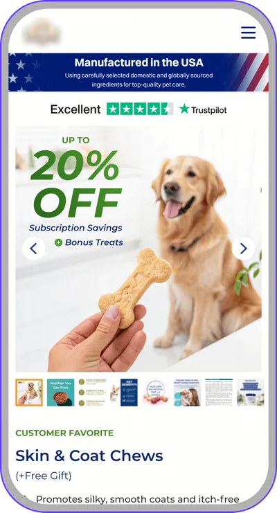 Landing page design: dog skin and coat chews with subscription savings