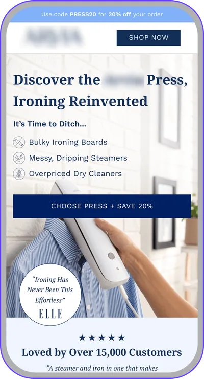 Landing page design: garment steamer press