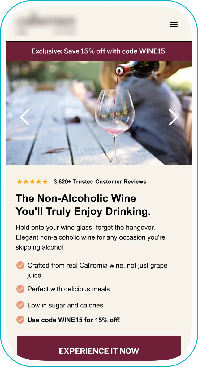 Landing page design: non-alcoholic wine