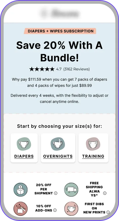 Landing page design: diaper and wipes subscription bundle