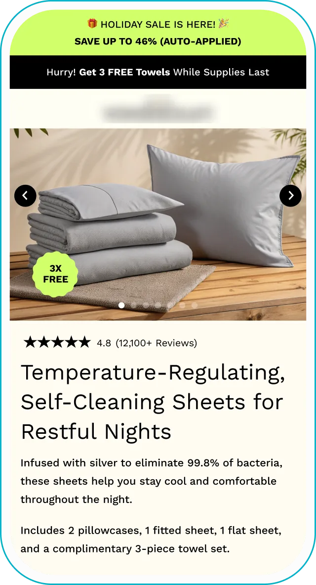 Landing page design: temperature-regulating bed sheets