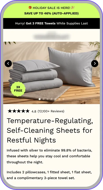 Landing page design: temperature-regulating bed sheets