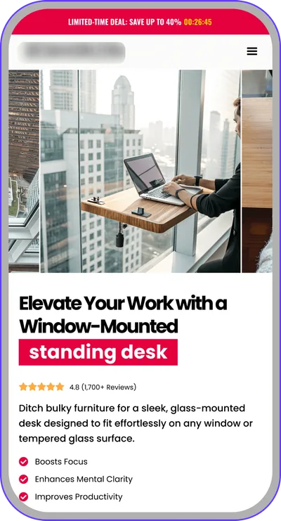 Landing page design: window-mounted standing desk
