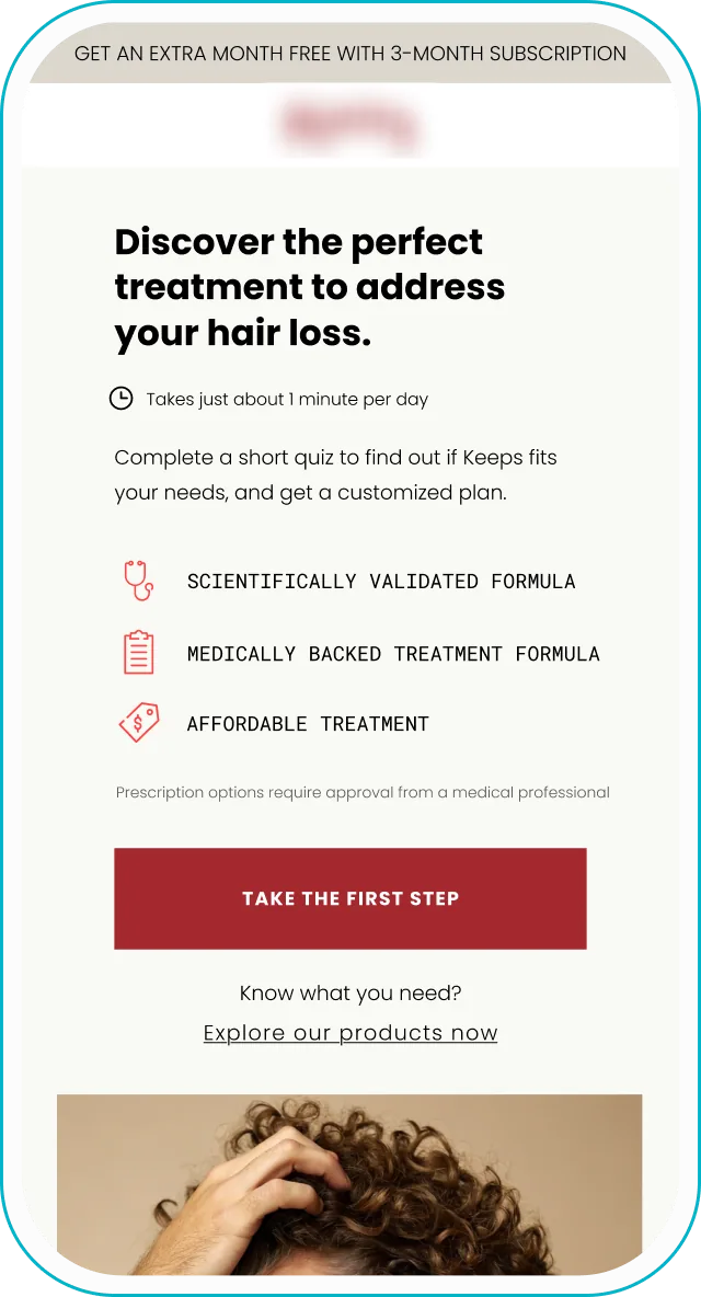Landing page design: hair loss treatment quiz