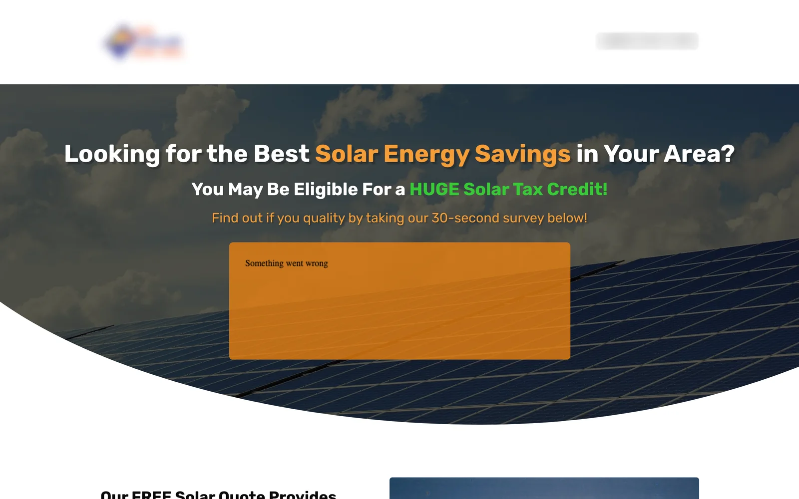 Before: a solar quote page where the survey shows “Something went wrong” (brand blurred)