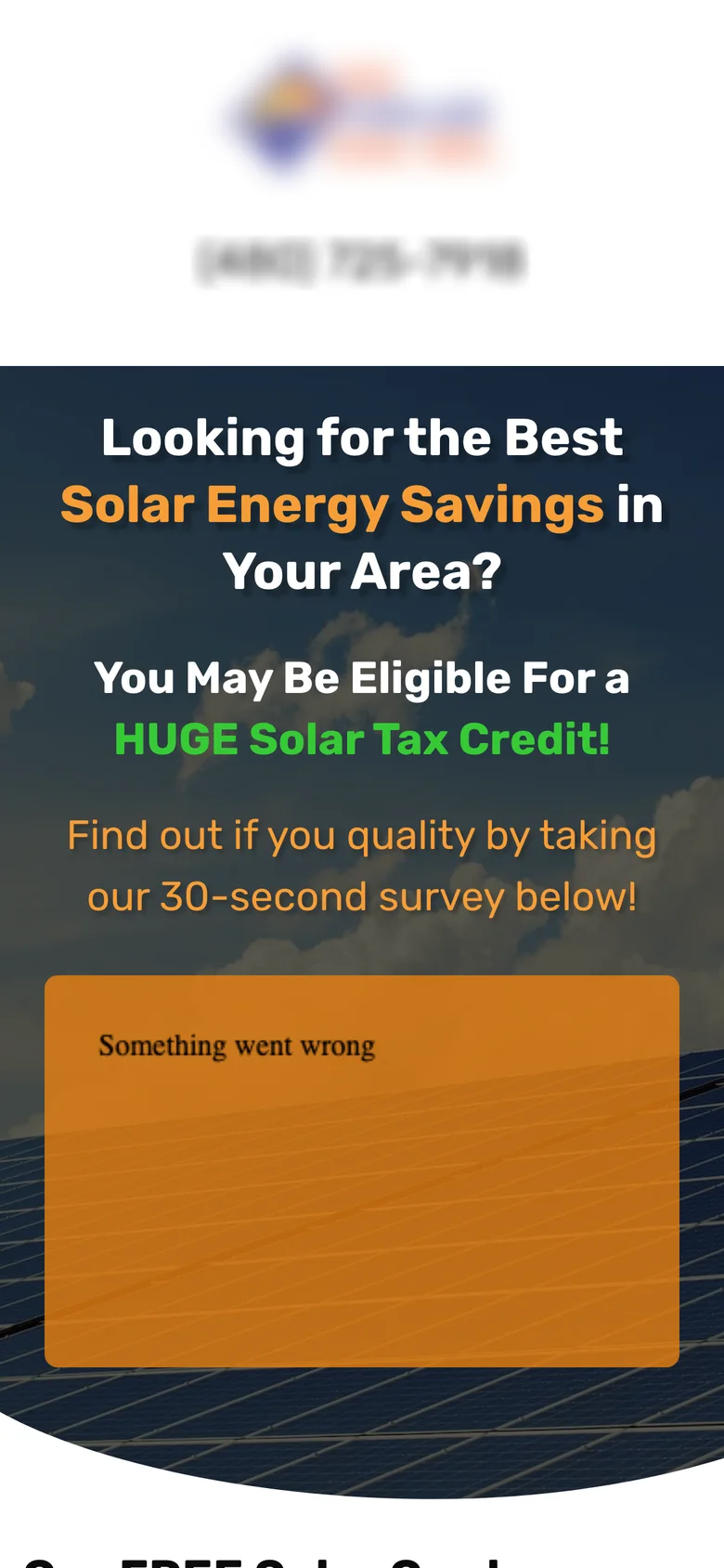 Before: a solar quote page where the survey shows “Something went wrong” (brand blurred)