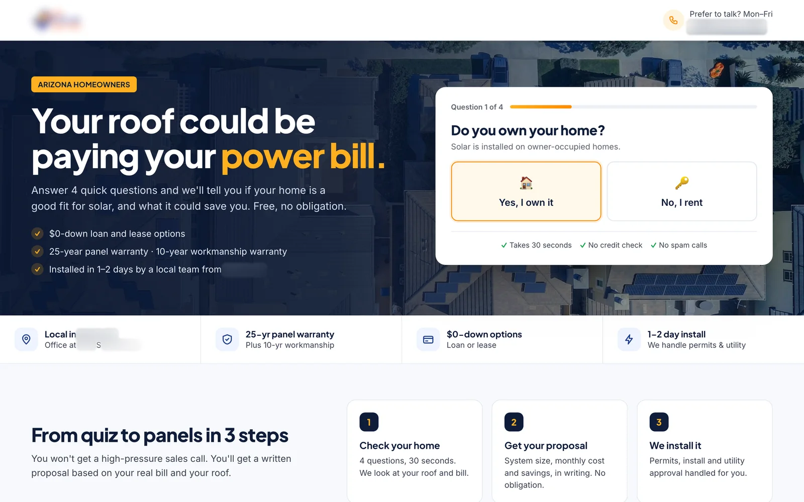 After: “Your roof could be paying your power bill.” with a quiz in the hero (brand blurred)