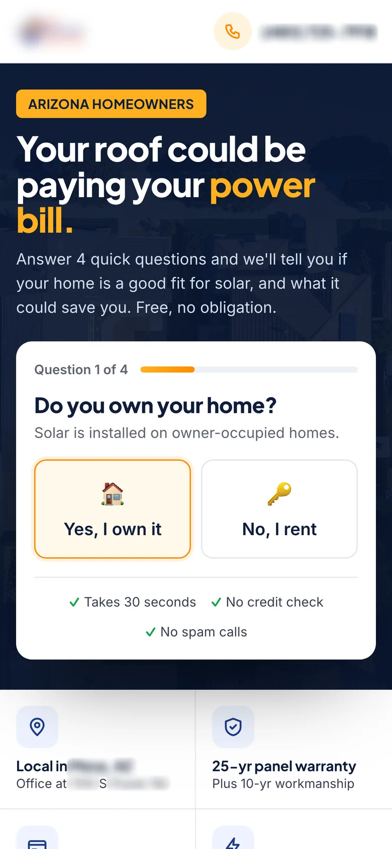 After: “Your roof could be paying your power bill.” with a quiz in the hero (brand blurred)