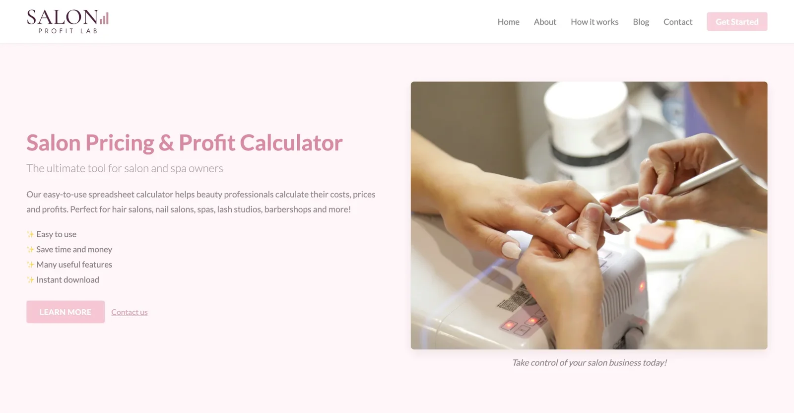 Before: Salon Profit Lab homepage with a pale pink headline, emoji bullets and a stock photo