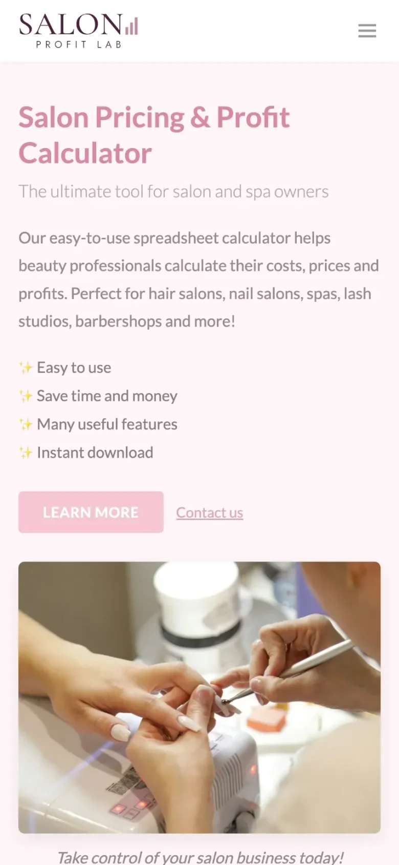 Before: Salon Profit Lab homepage with a pale pink headline, emoji bullets and a stock photo