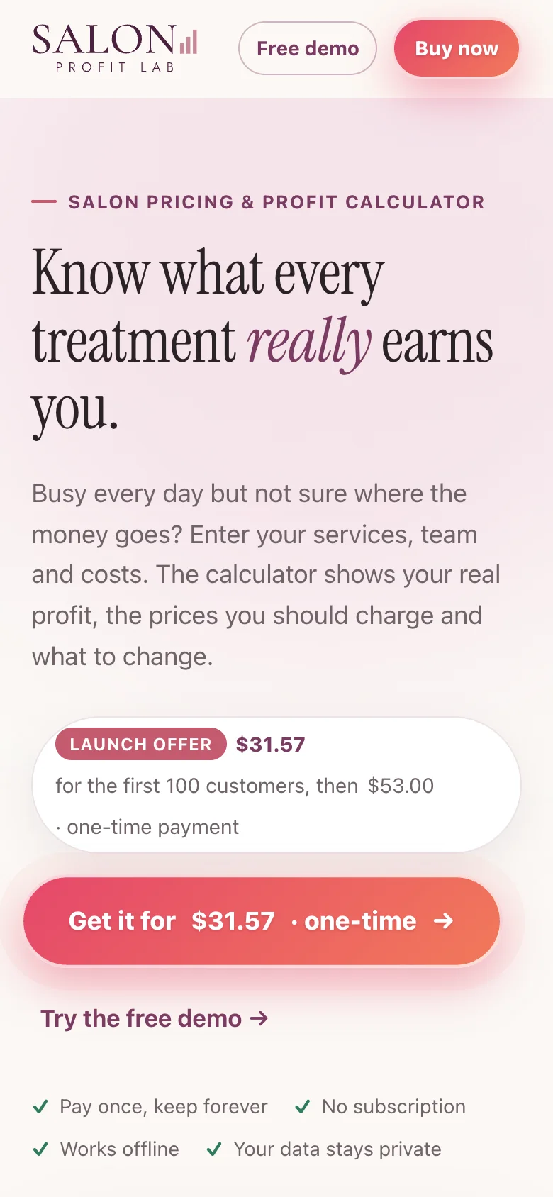 After: “Know what every treatment really earns you.” with a live example dashboard