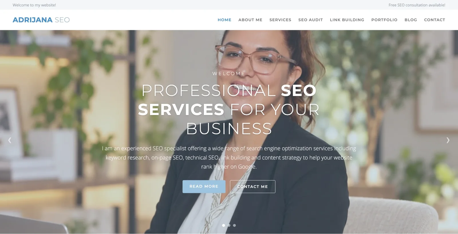 Before: an SEO consultant homepage with a photo slider and an all-caps headline