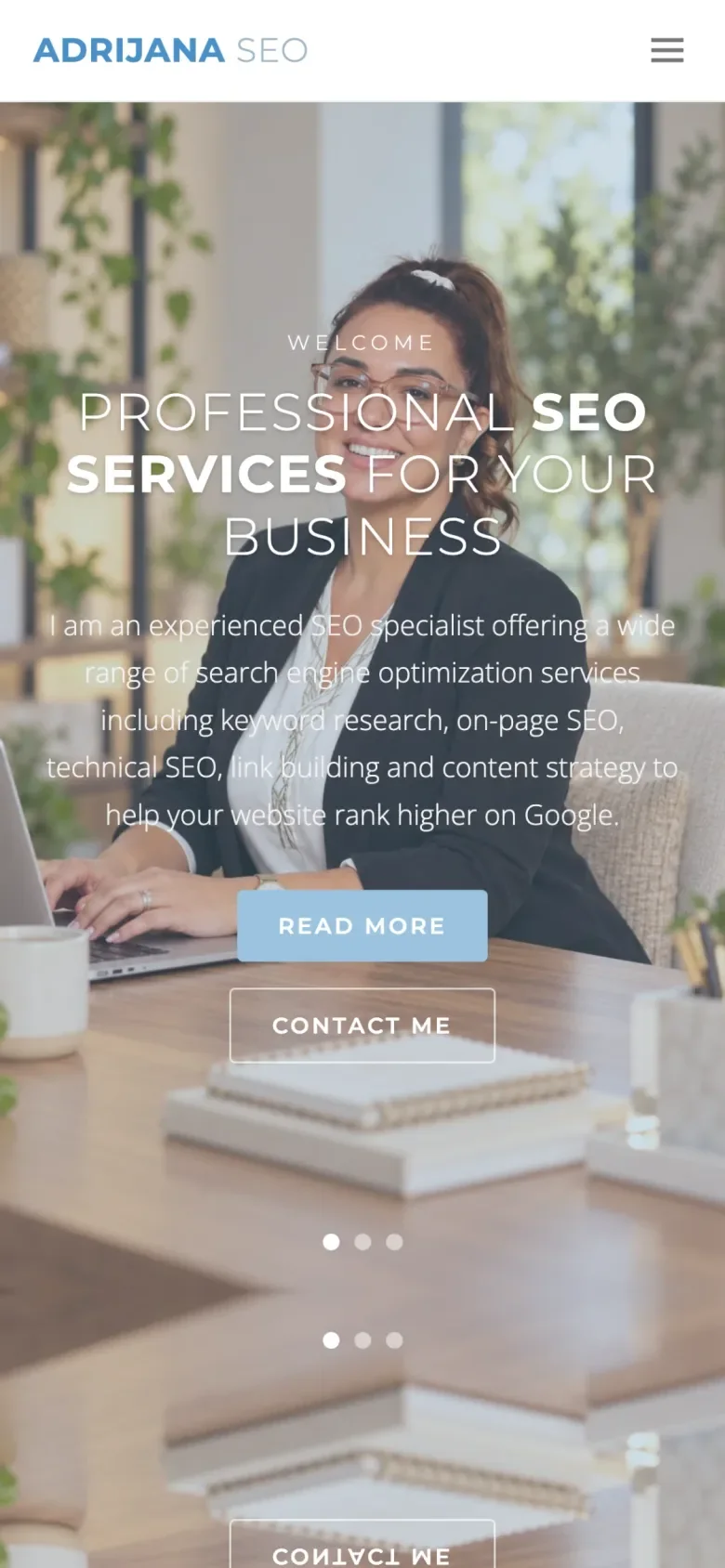 Before: an SEO consultant homepage with a photo slider and an all-caps headline