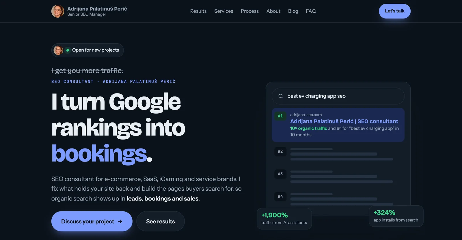 After: “I turn Google rankings into bookings.” with an animated search result