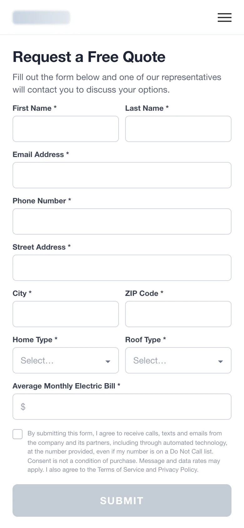 Before: a 9-field quote form on mobile