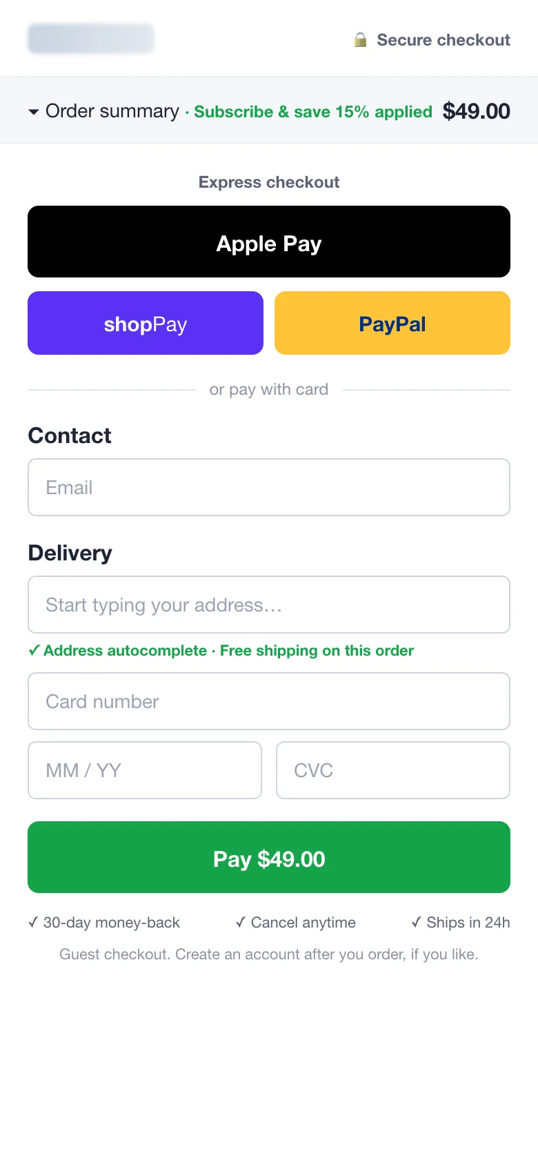 After: one-page checkout with express pay