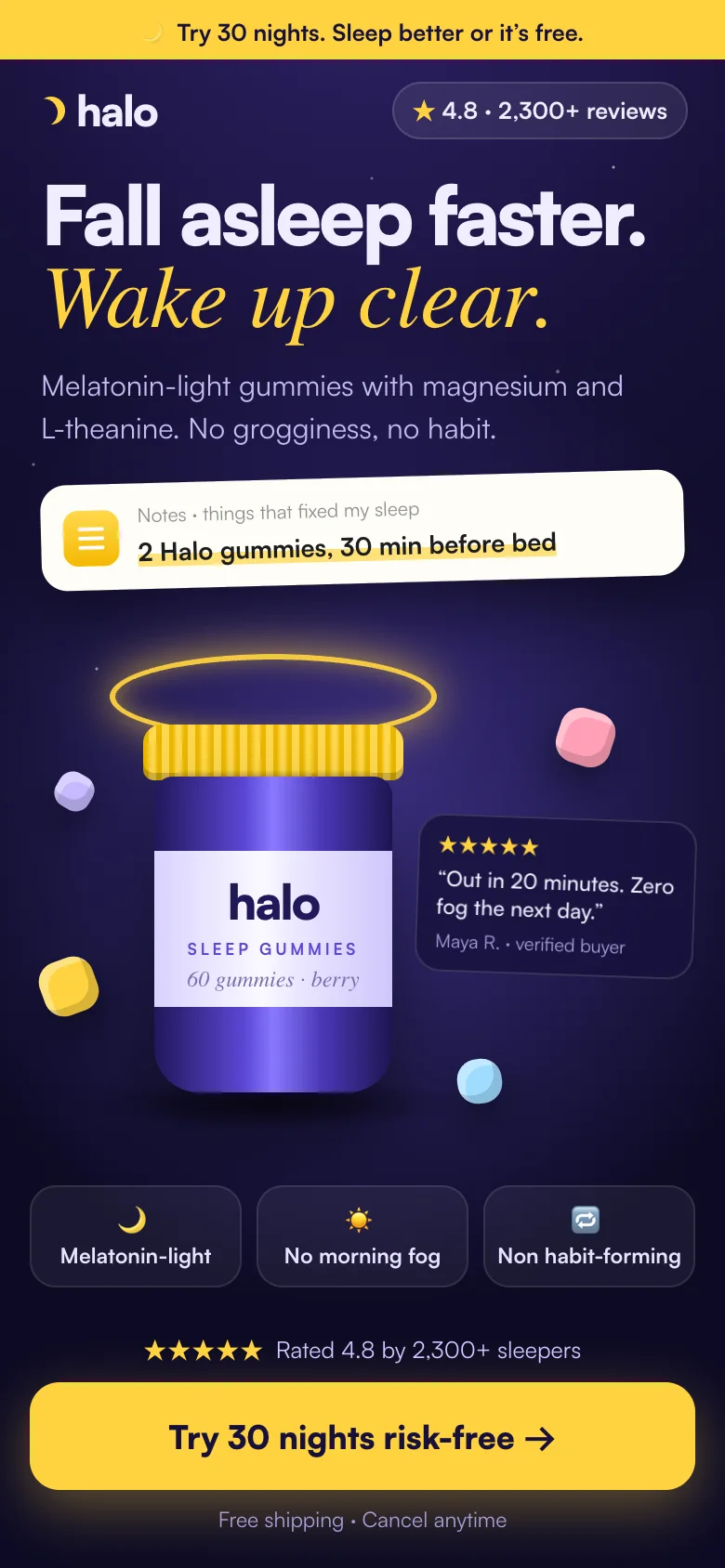 After: “Fall asleep faster. Wake up clear.” with the ad’s note, proof and a sticky button