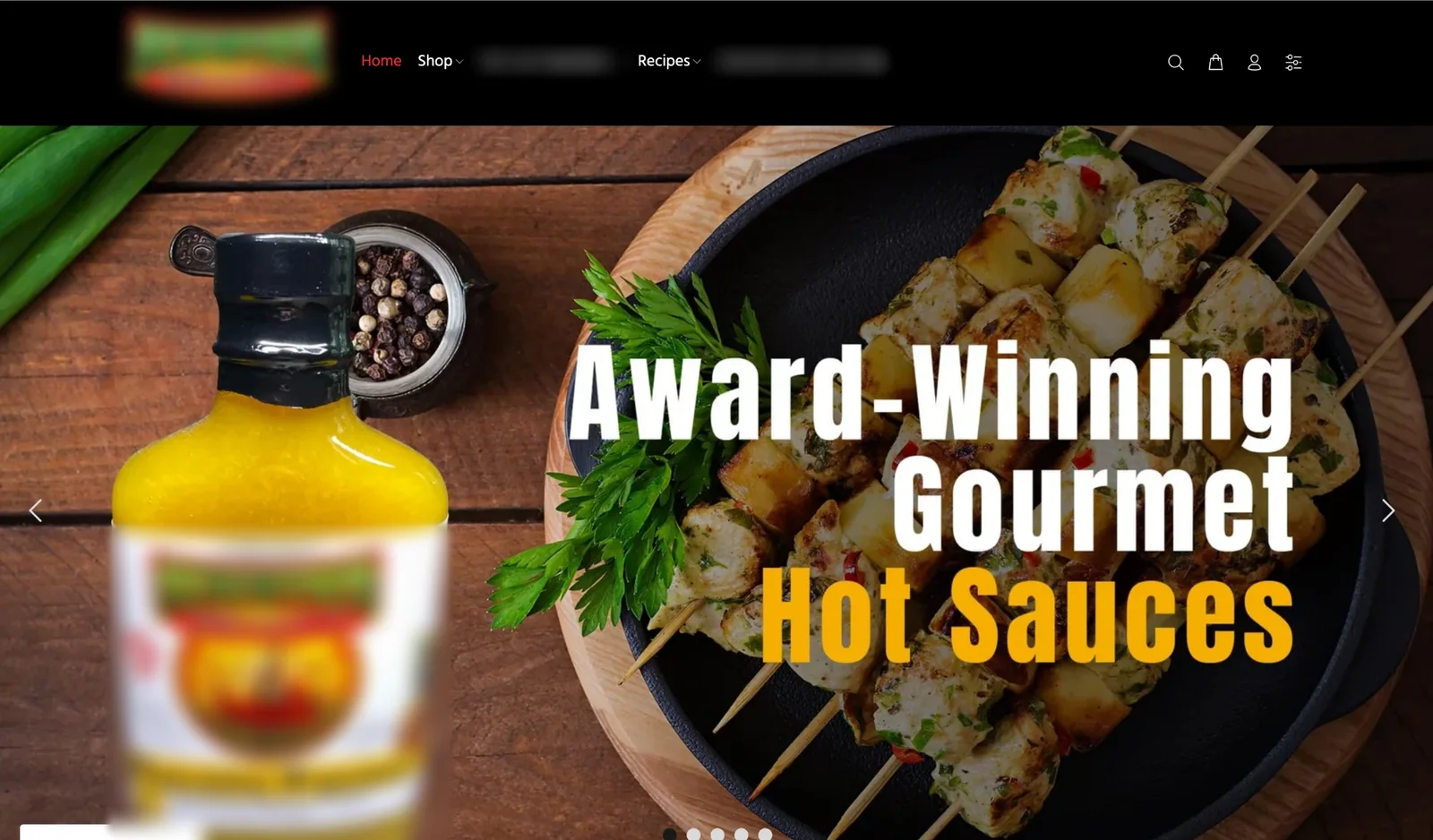 Before: a hot sauce homepage with a photo slider and one bottle (brand blurred)