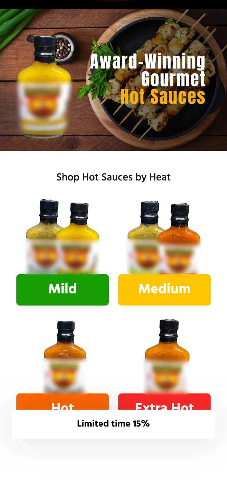 Before: a hot sauce homepage with a photo slider and one bottle (brand blurred)