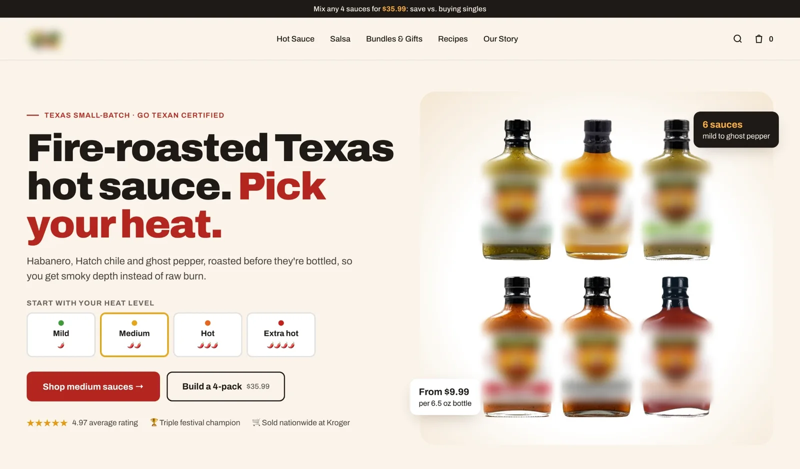 After: “Fire-roasted Texas hot sauce. Pick your heat.” with six sauces, prices and a heat picker (brand blurred)