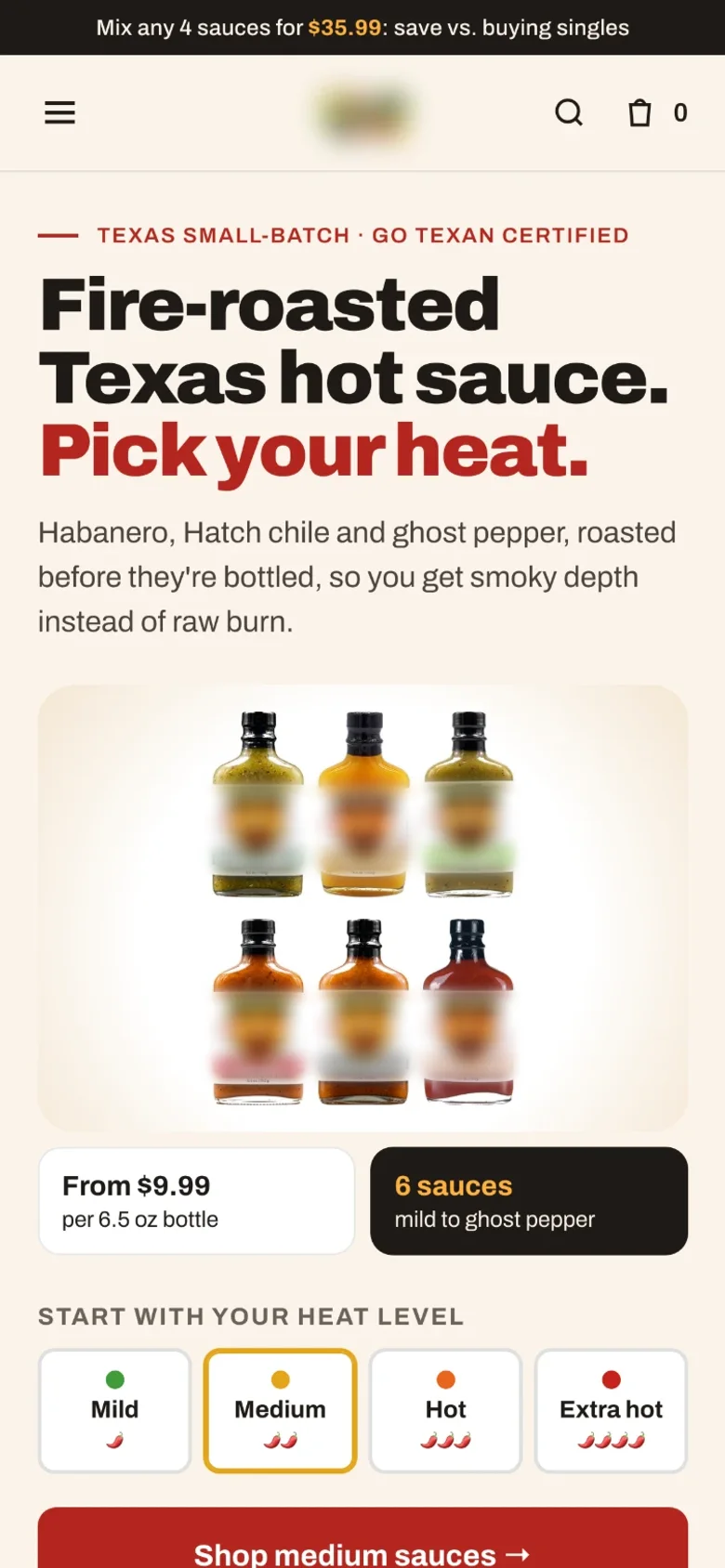 Hot sauce store homepage