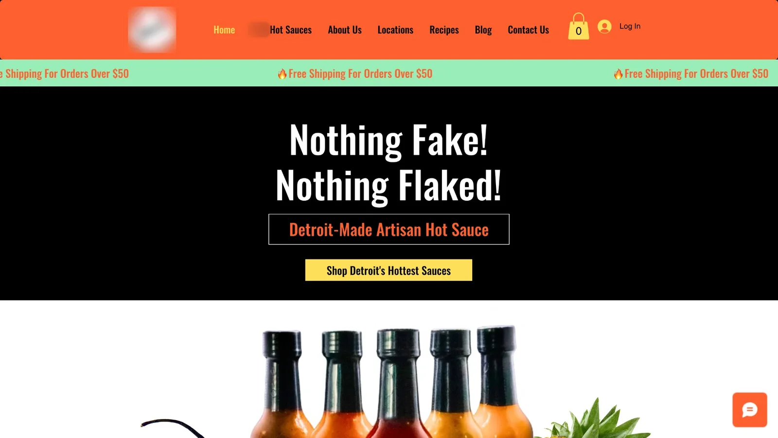 Before: a hot sauce homepage with the slogan on black and no products on the first screen (brand blurred)