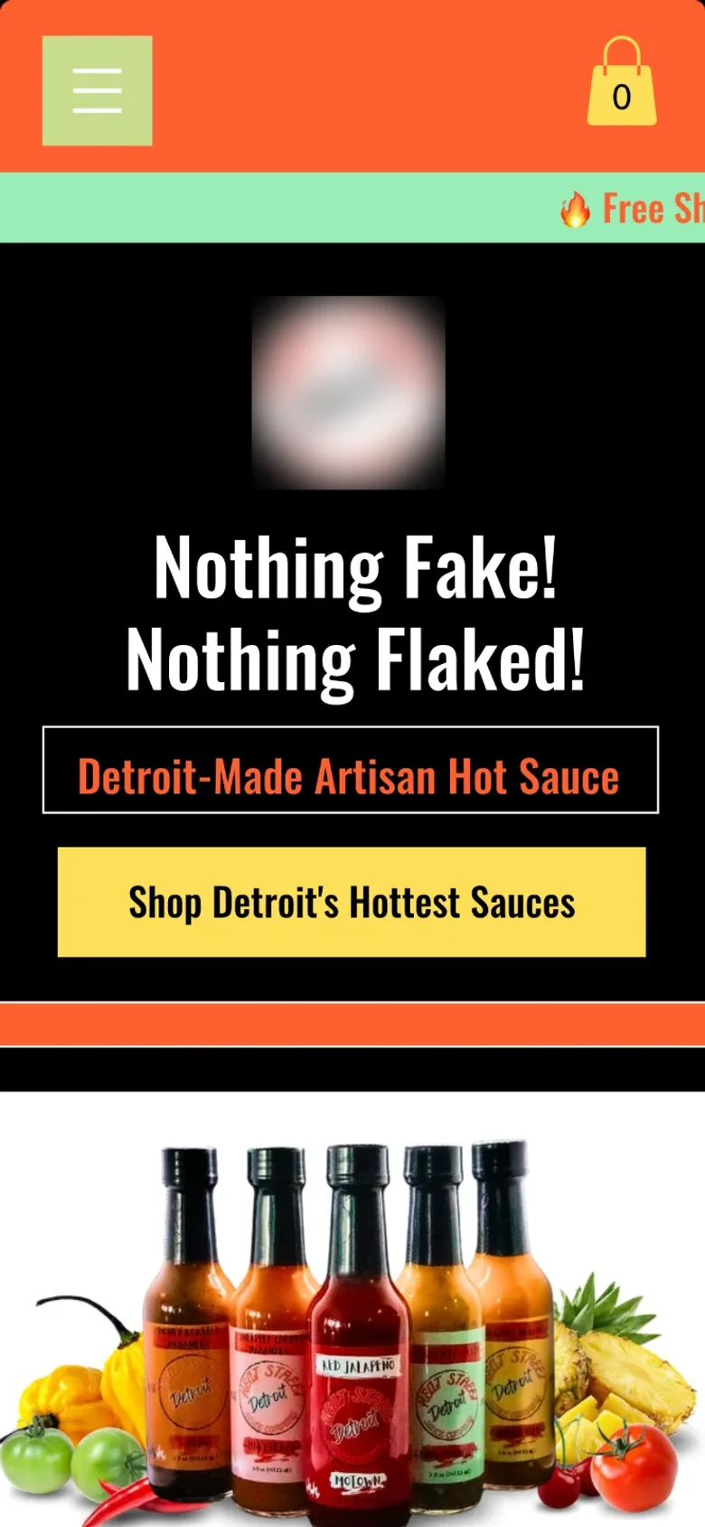 Before: a hot sauce homepage with the slogan on black and no products on the first screen (brand blurred)