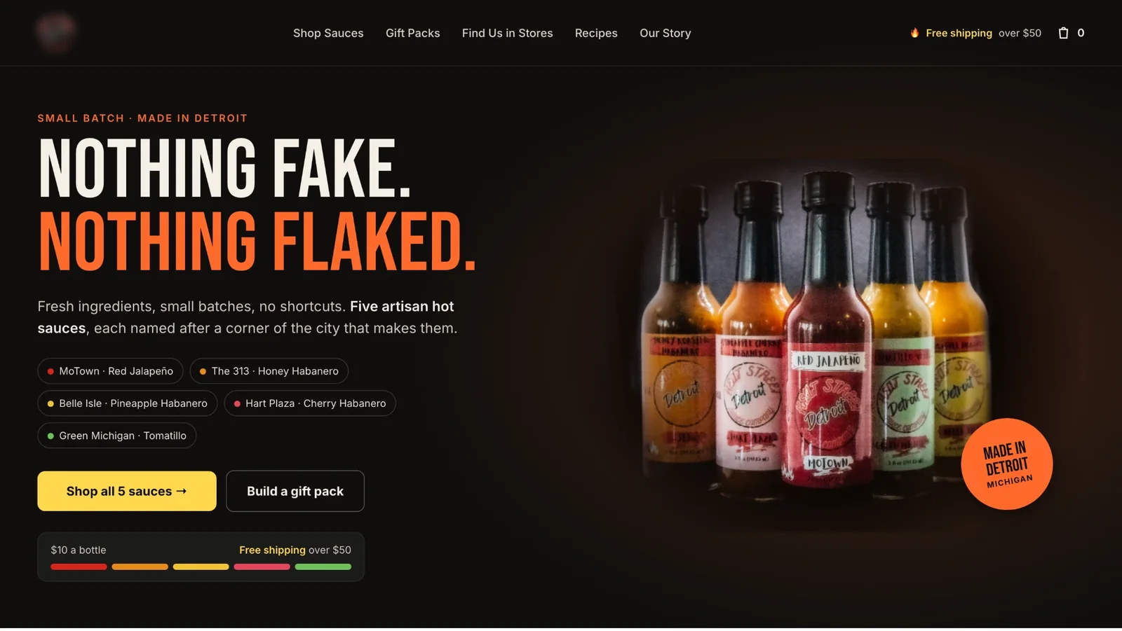 After: “Nothing fake. Nothing flaked.” with the bottle lineup, five flavors, price and a free shipping bar (brand blurred)