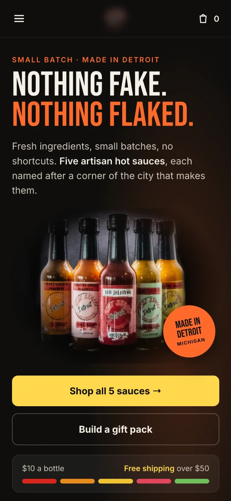 After: “Nothing fake. Nothing flaked.” with the bottle lineup, five flavors, price and a free shipping bar (brand blurred)