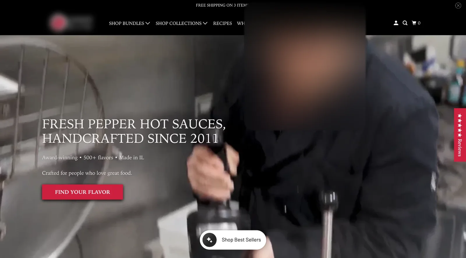 Before: a hot sauce homepage with a kitchen video and an all-caps headline (brand blurred)