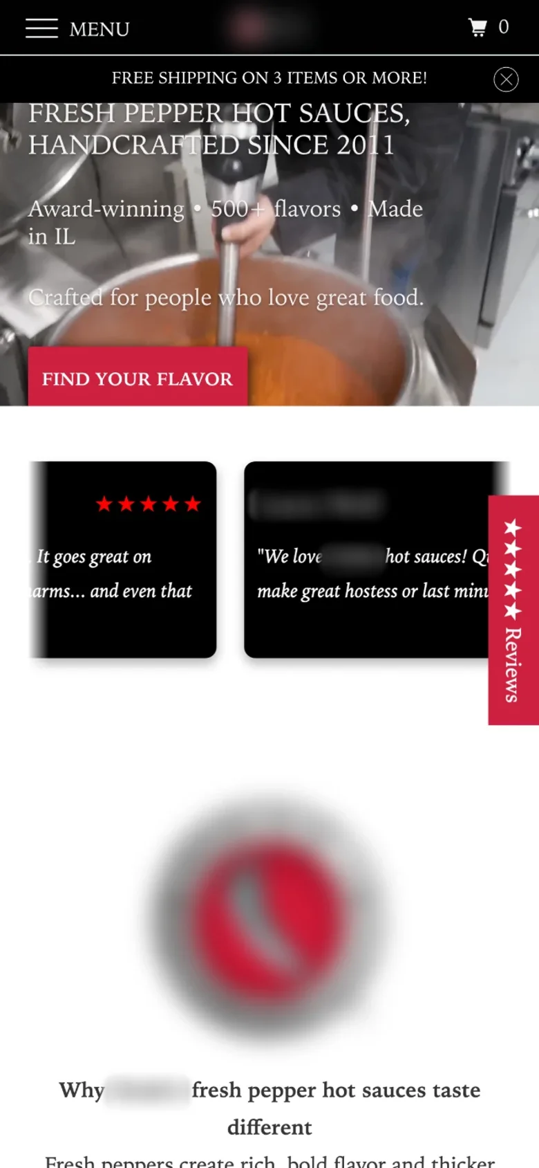 Before: a hot sauce homepage with a kitchen video and an all-caps headline (brand blurred)