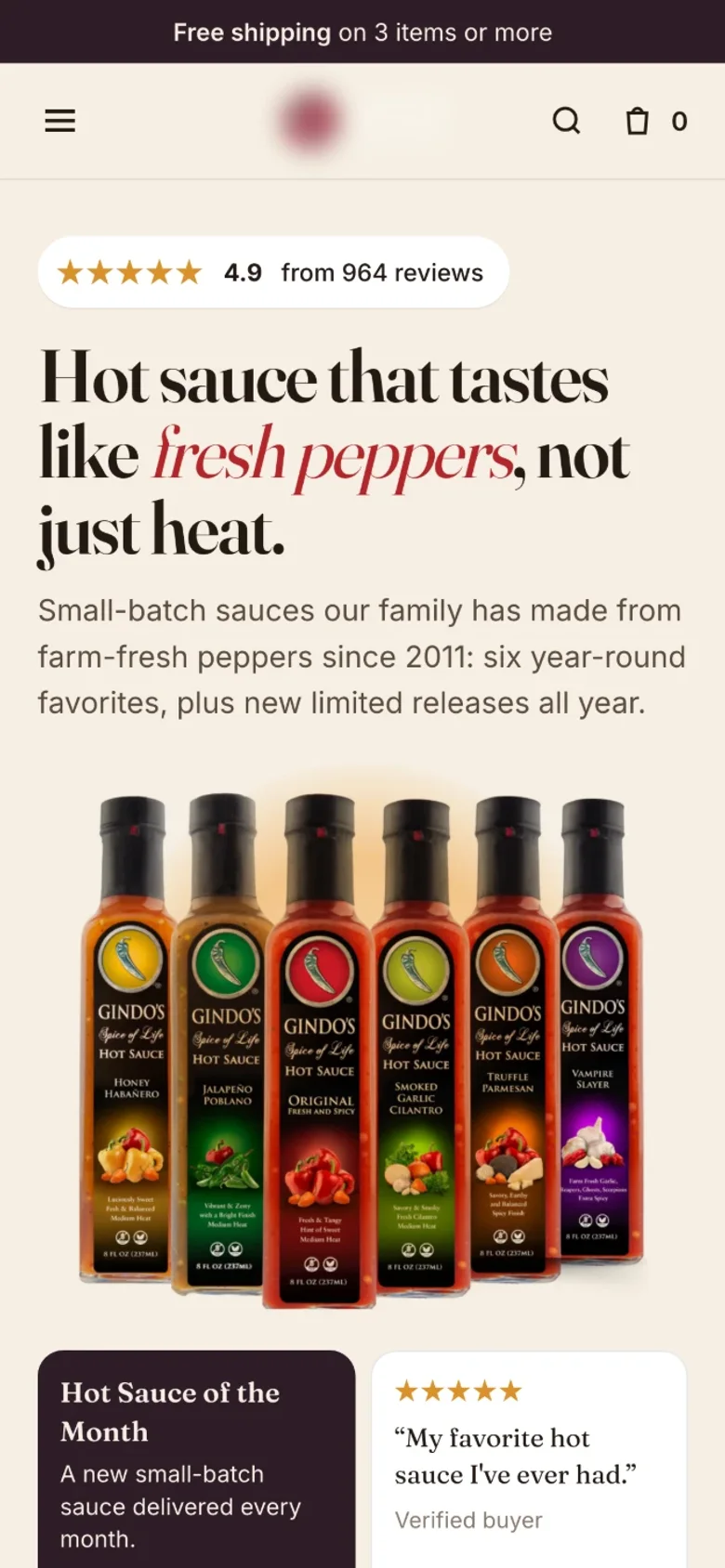 After: “Hot sauce that tastes like fresh peppers, not just heat.” with six bottles, a 4.9 rating and a sauce club (brand blurred)