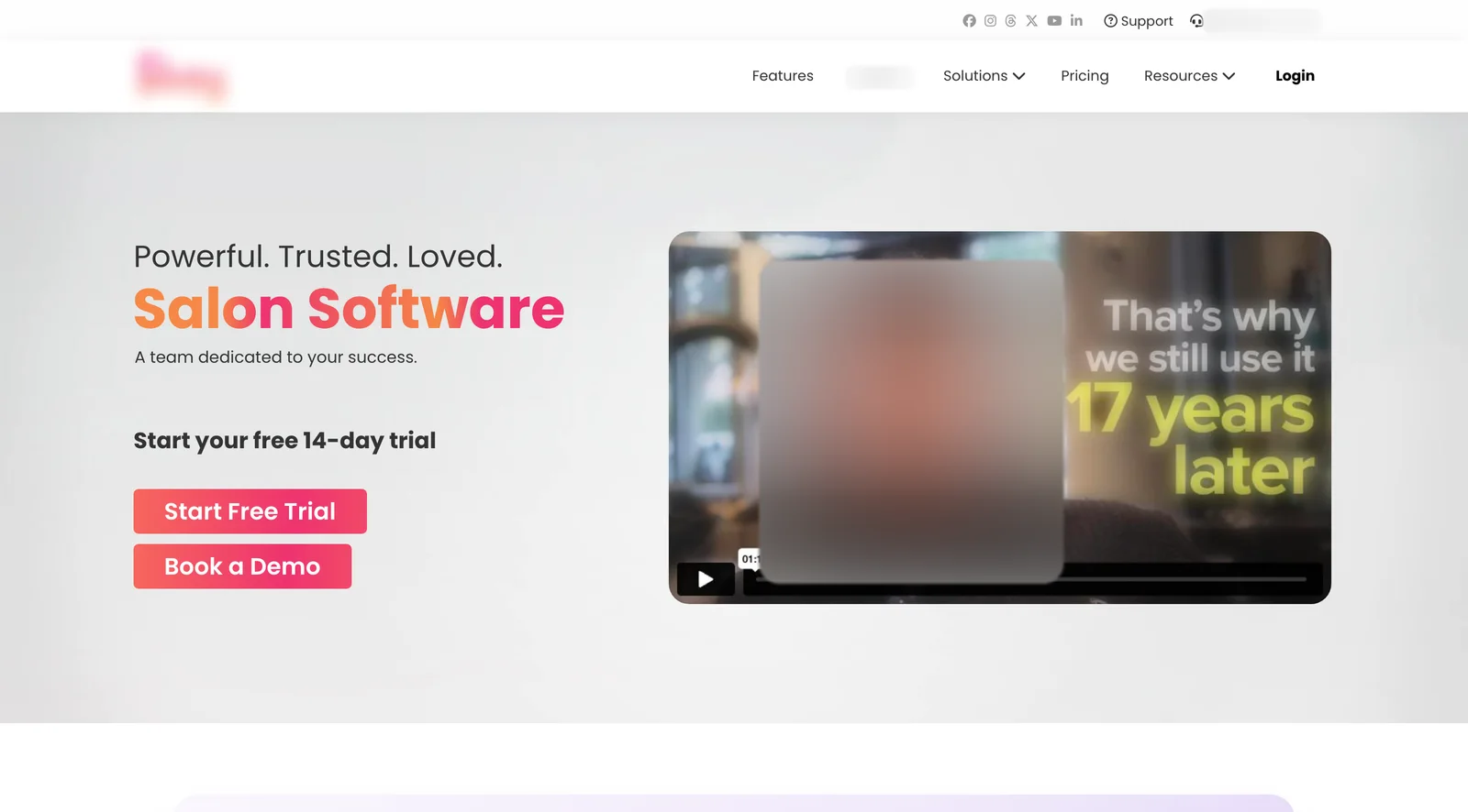 Before: salon software hero with a testimonial video and two identical buttons (brand blurred)