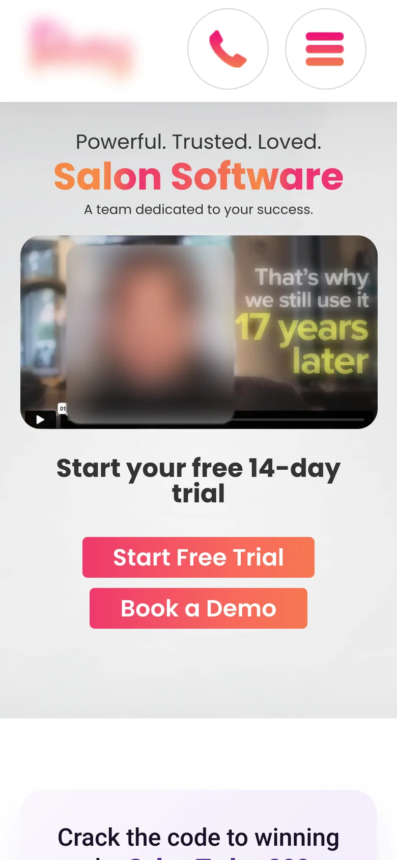 Before: salon software hero with a testimonial video and two identical buttons (brand blurred)