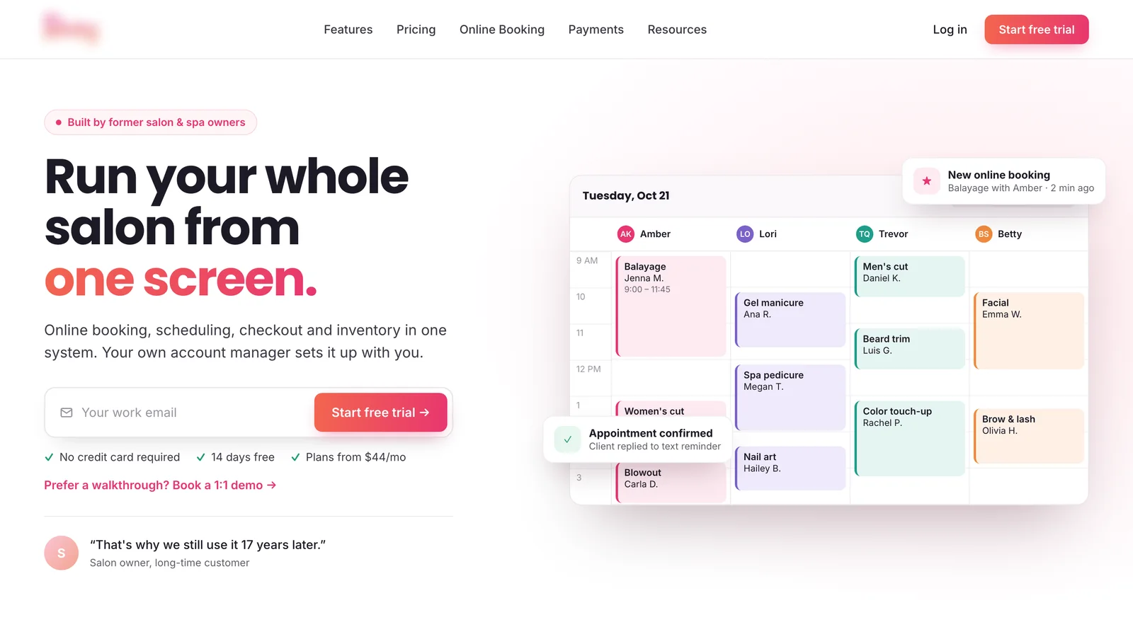 After: “Run your whole salon from one screen.” with a team calendar and an email field (brand blurred)