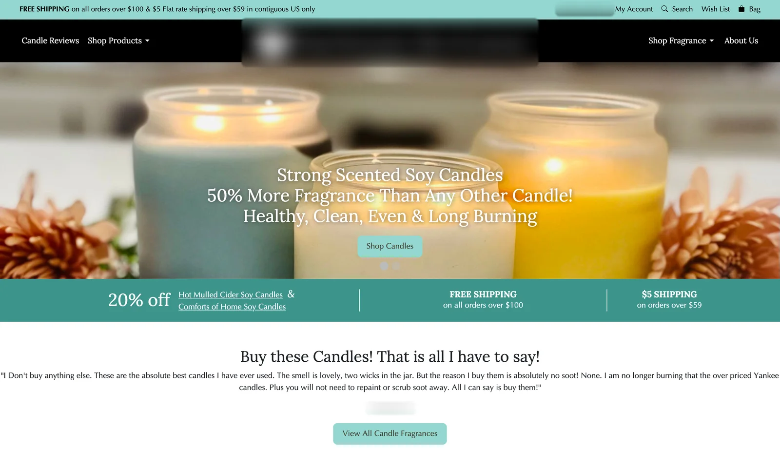 Before: a soy candle homepage with claims over a photo slider (brand blurred)