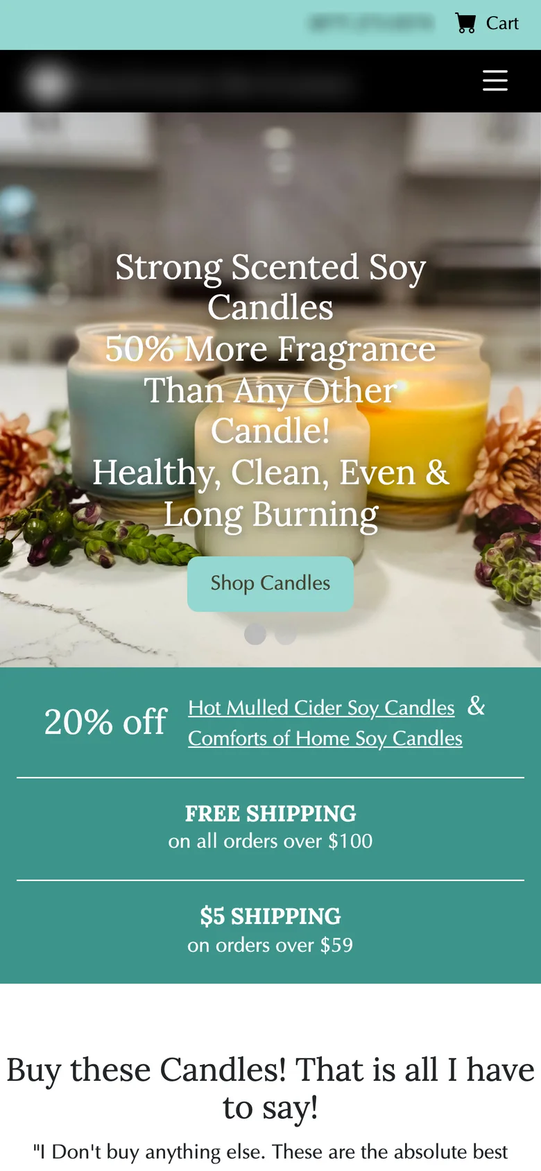 Before: a soy candle homepage with claims over a photo slider (brand blurred)