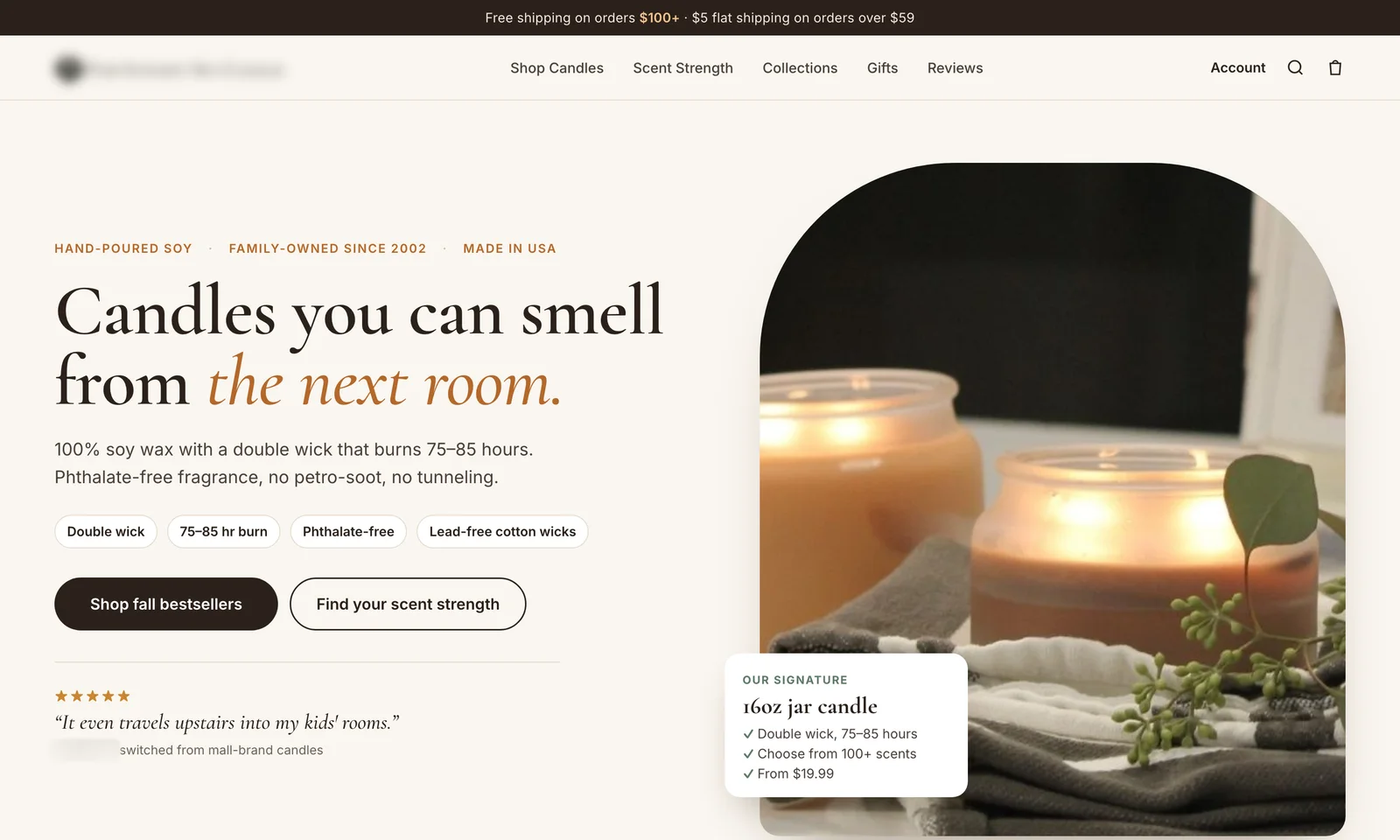 After: “Candles you can smell from the next room.” with product facts and two buttons (brand blurred)