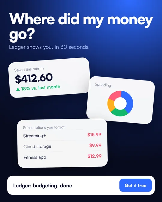 App UI ad for Ledger budgeting app
