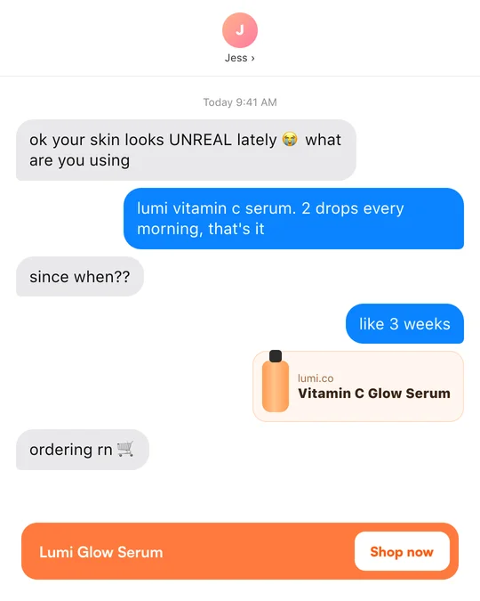 IMessage-style ad for Lumi vitamin C serum