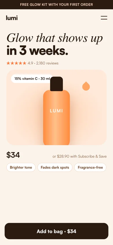 Mobile landing page for Lumi vitamin C serum