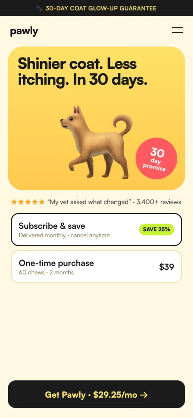 Mobile landing page for Pawly pet chews